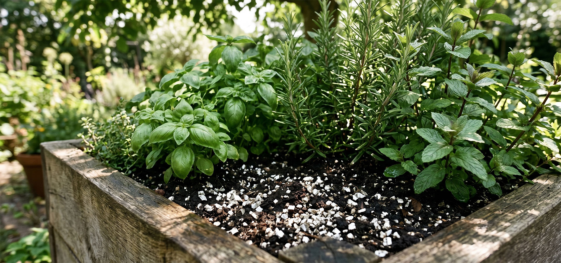 Пряные травы (базилик, розмарин и мята) в деревянной грядке с темной почвой и вермикулитом.